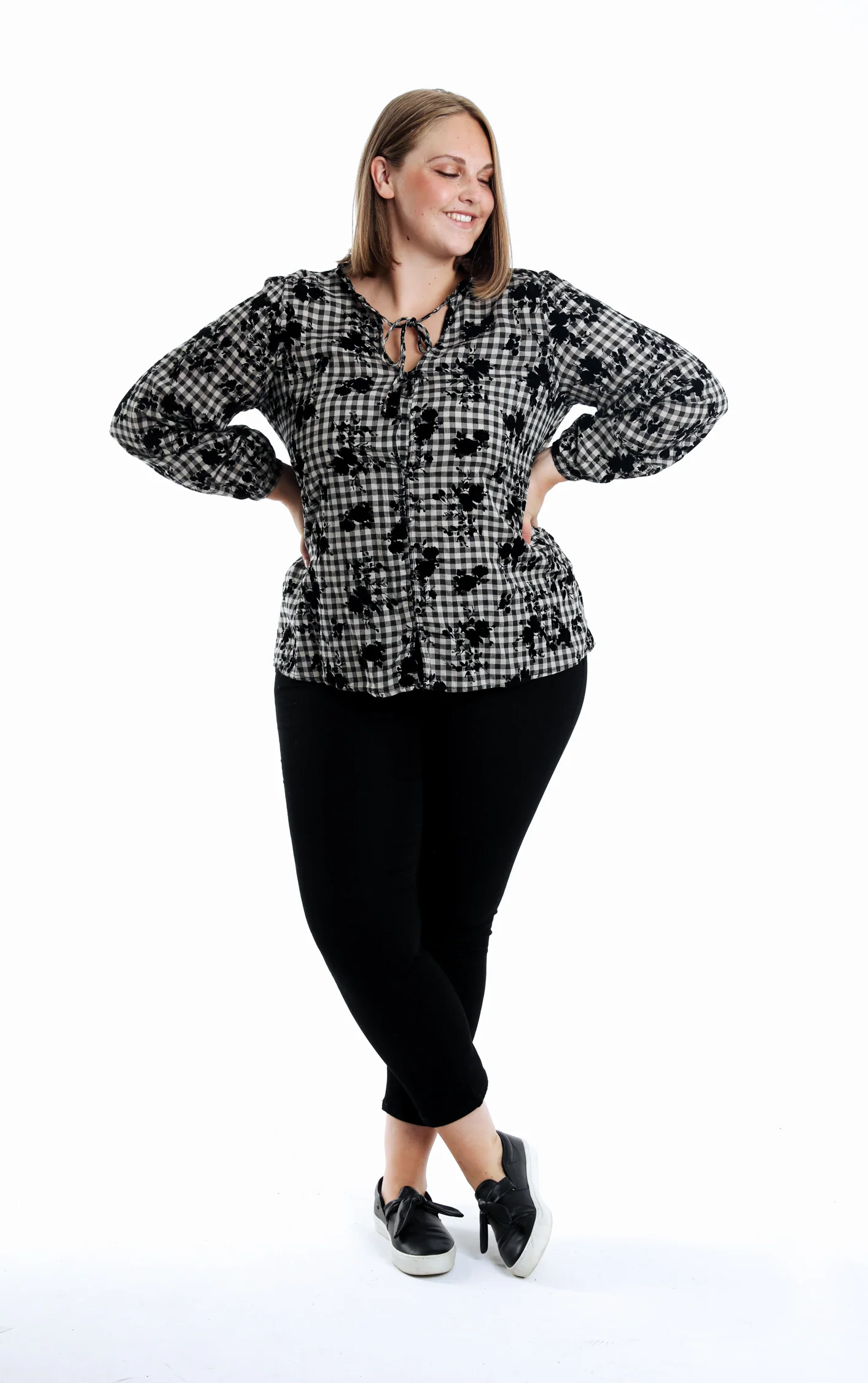 Blouse en coton imprimé vichy et fleurs flockées - Image 7