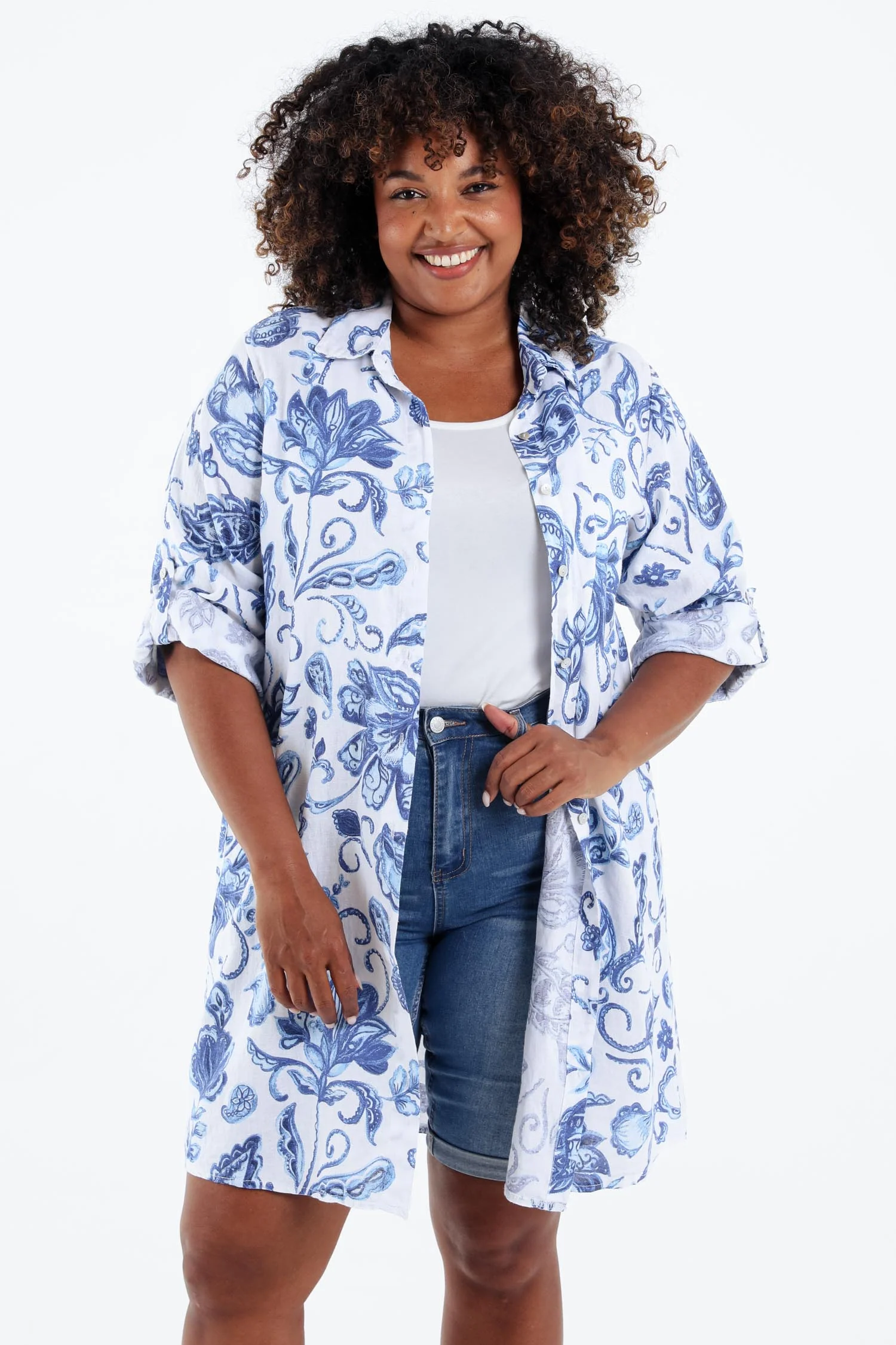 Chemise longue en lin imprimé fleurs indiennes