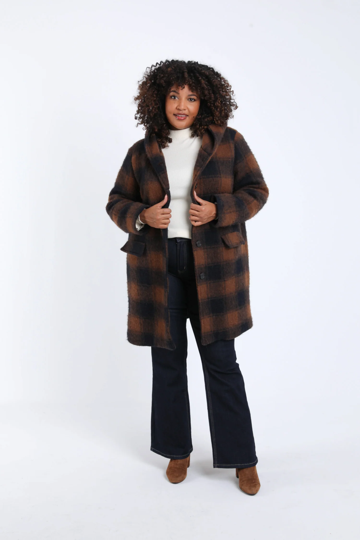 Manteau en laine à carreaux avec capuche