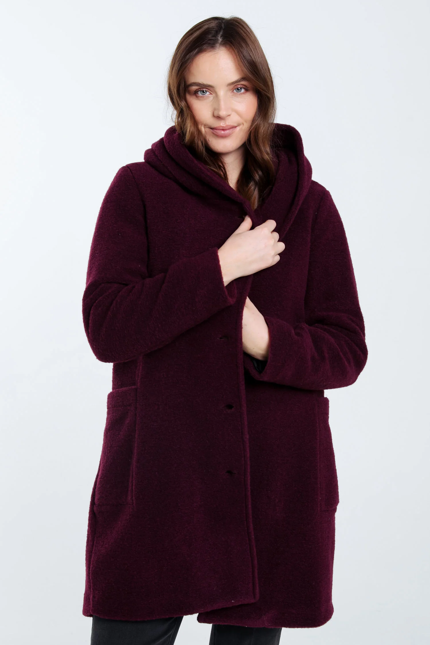 Manteau en laine bouillie uni avec capuche