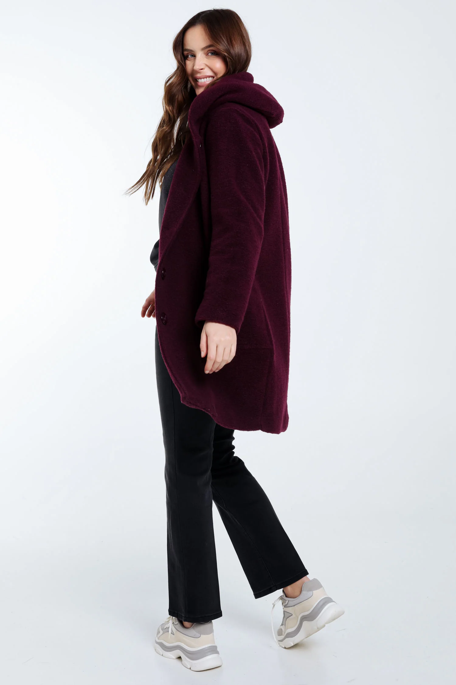 Manteau en laine bouillie uni avec capuche - Image 2
