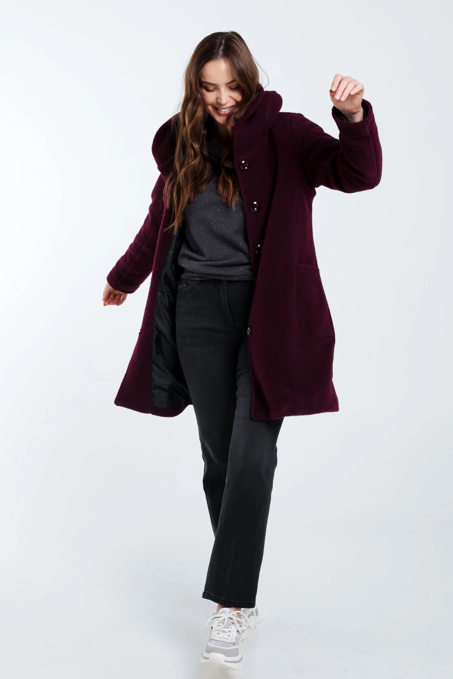Manteau en laine bouillie uni avec capuche - Image 7