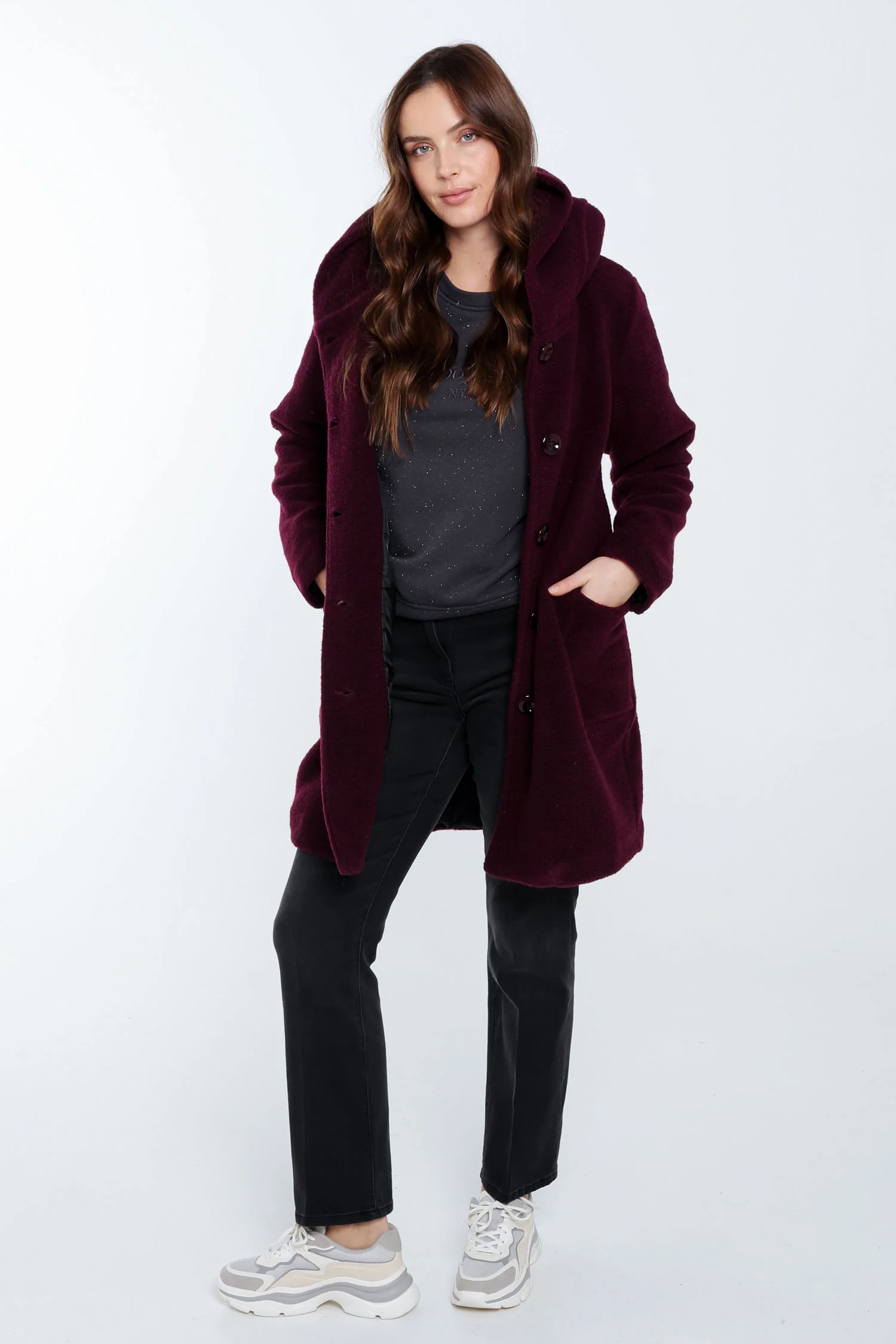 Manteau en laine bouillie uni avec capuche - Image 8