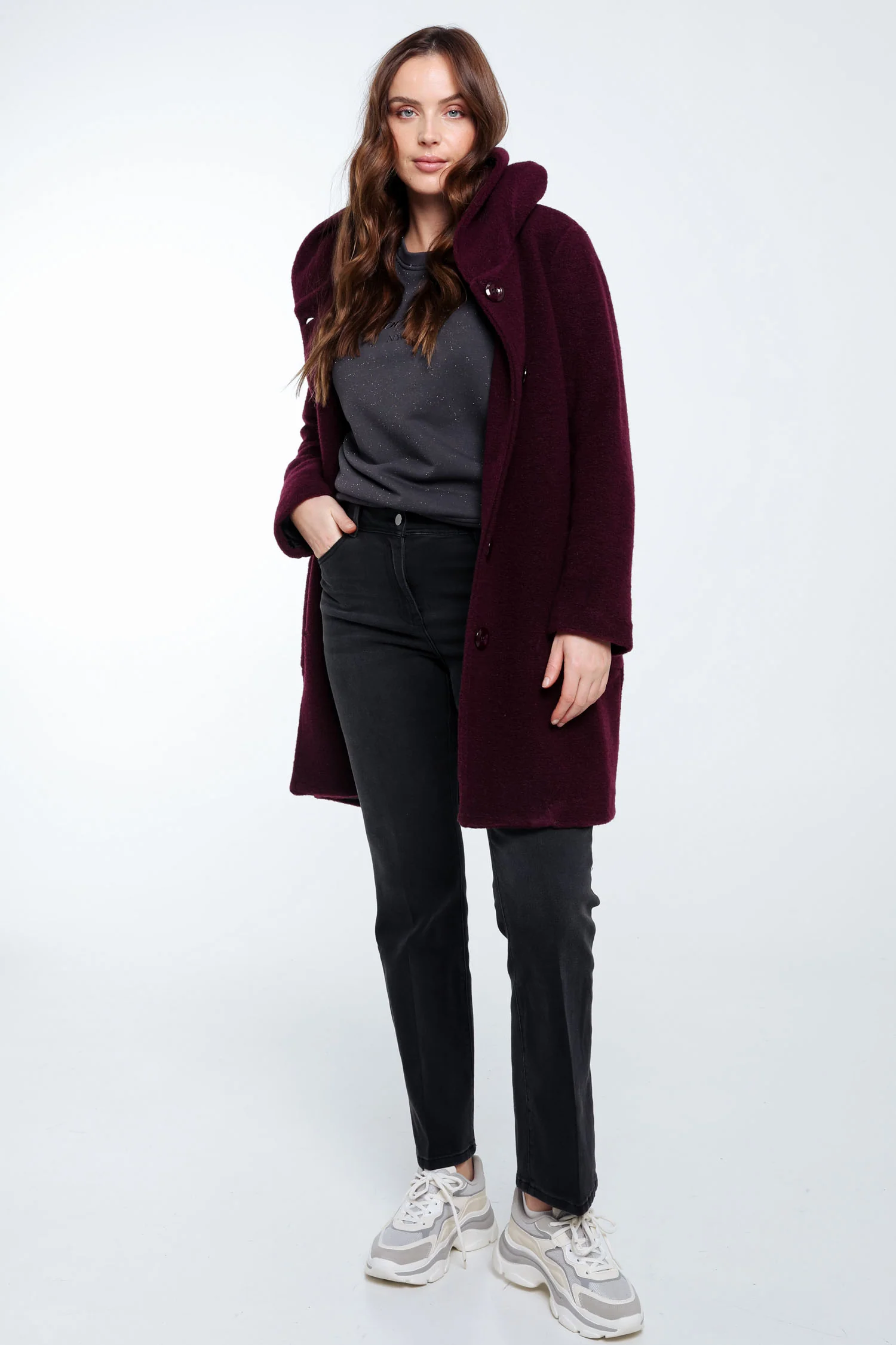 Manteau en laine bouillie uni avec capuche - Image 9