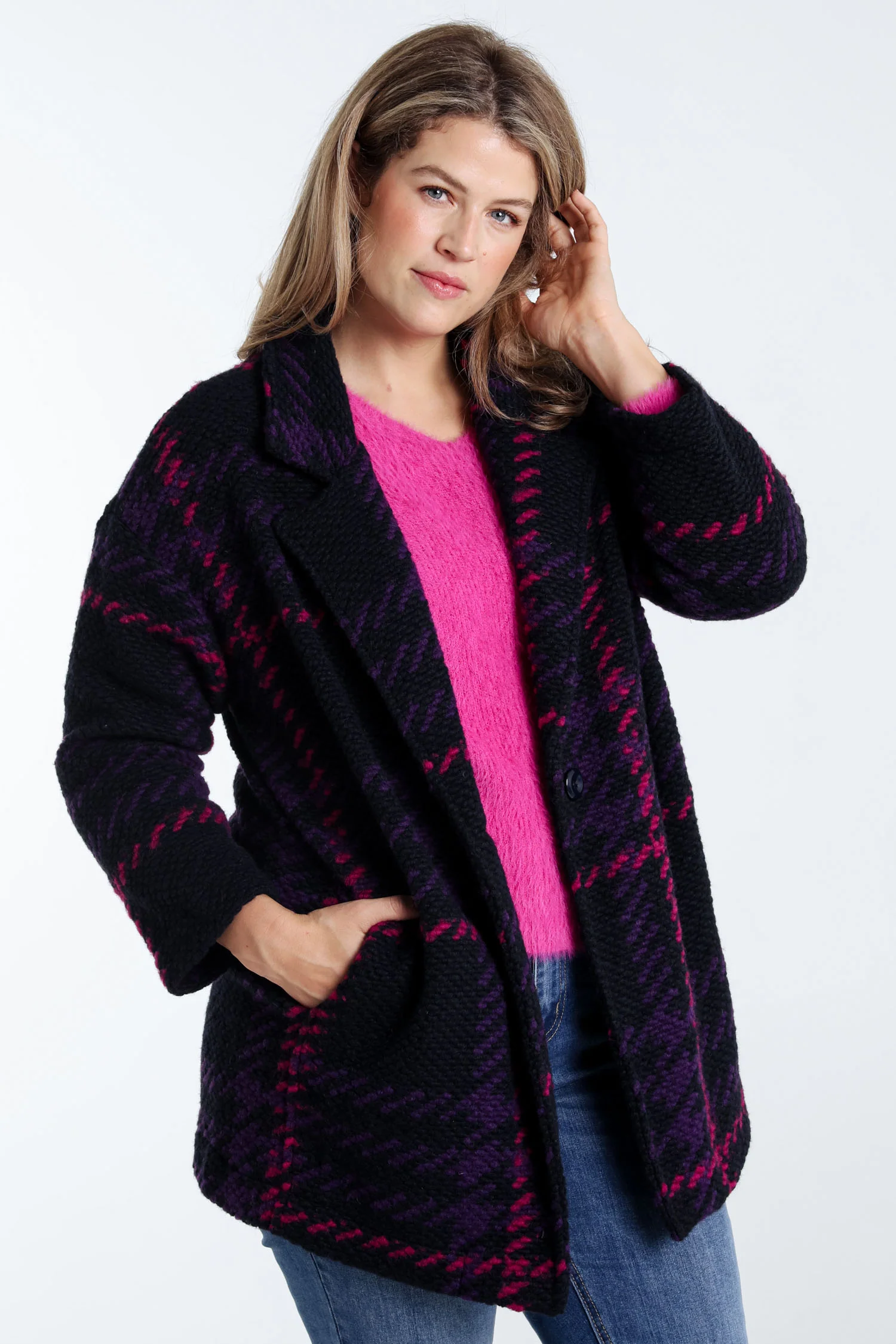 Manteau maille bouclette à carreaux