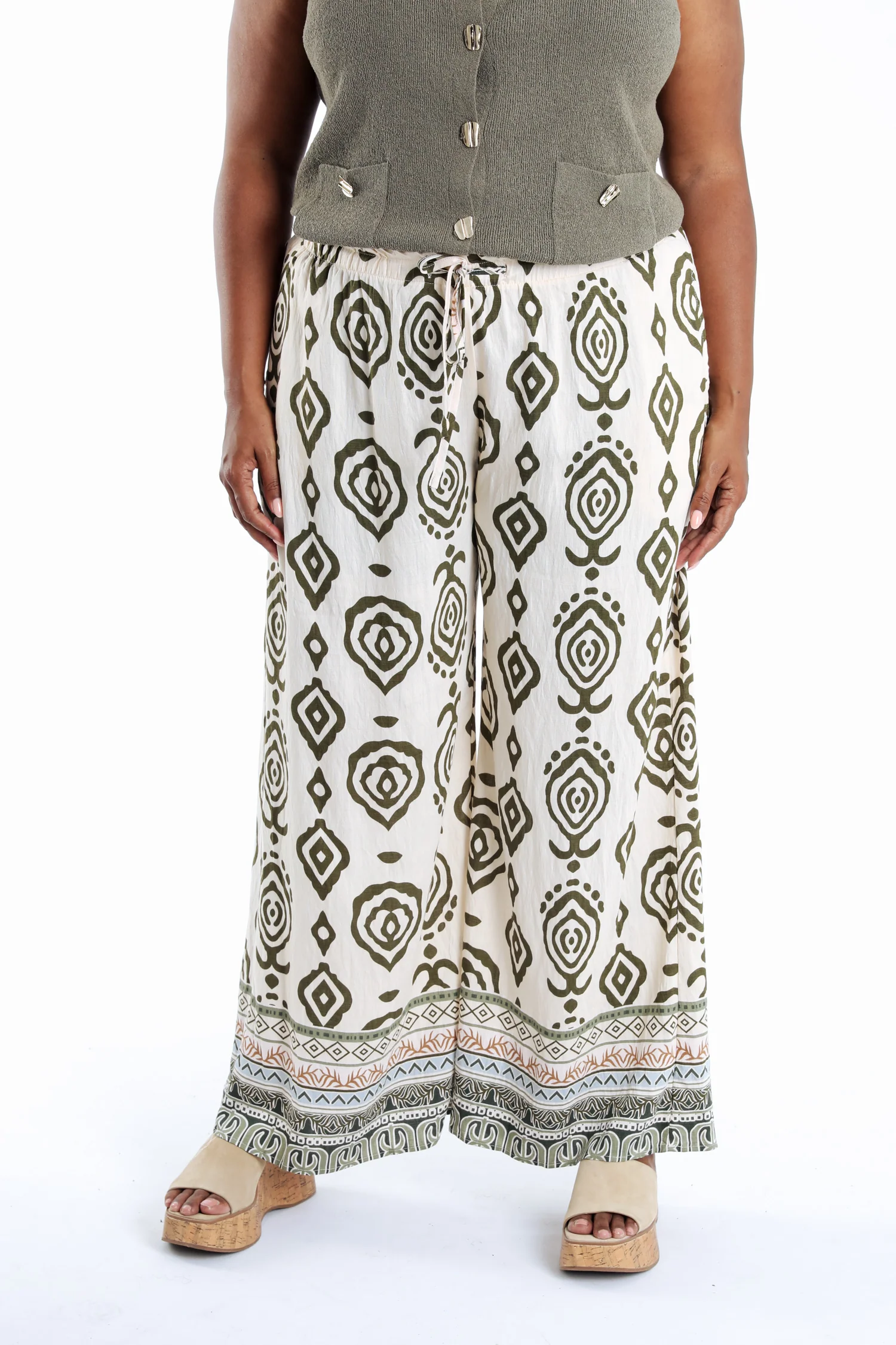 Pantalon large imprimé ethnique bicolore