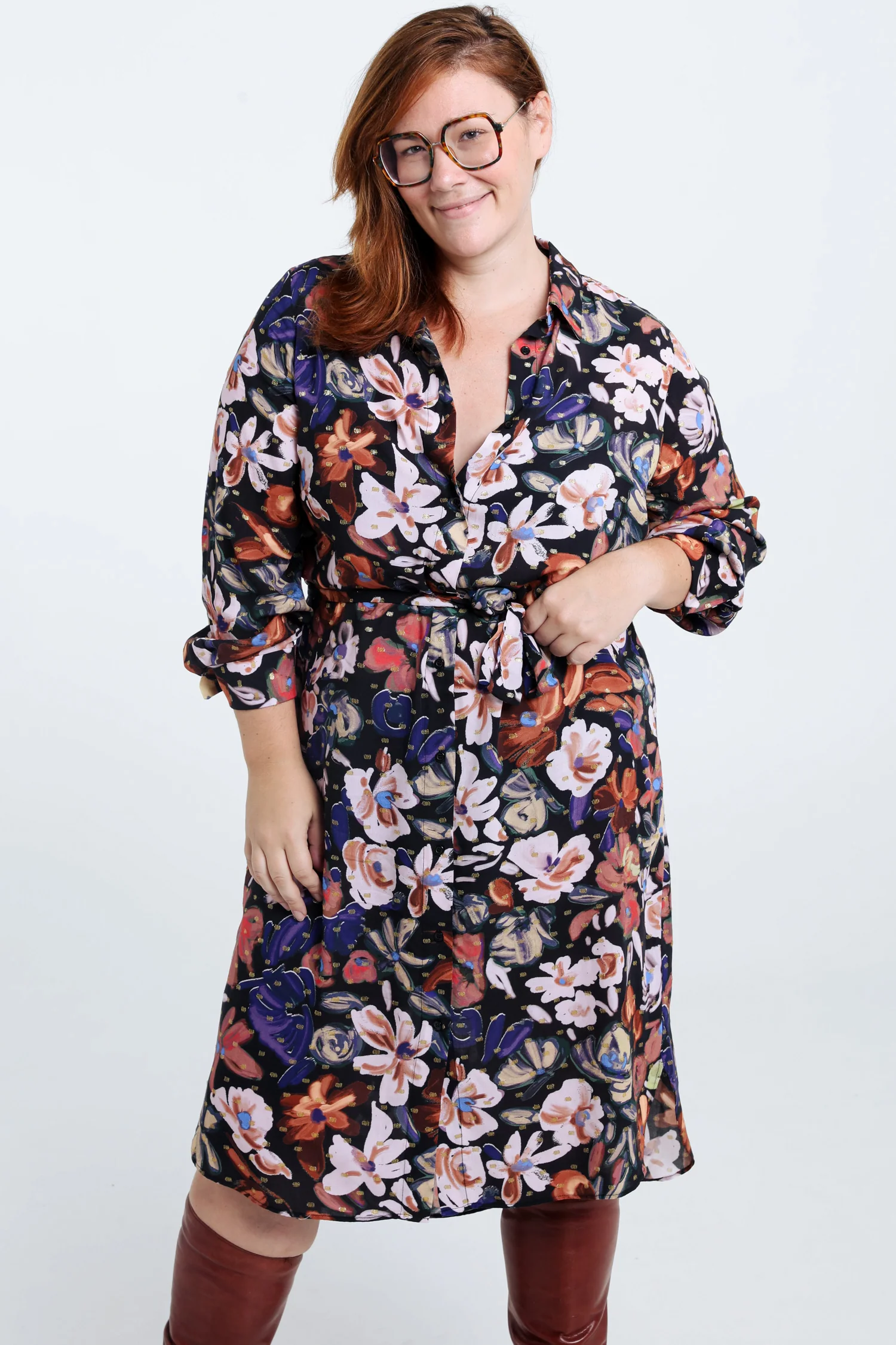 Robe chemise à fleurs avec lurex